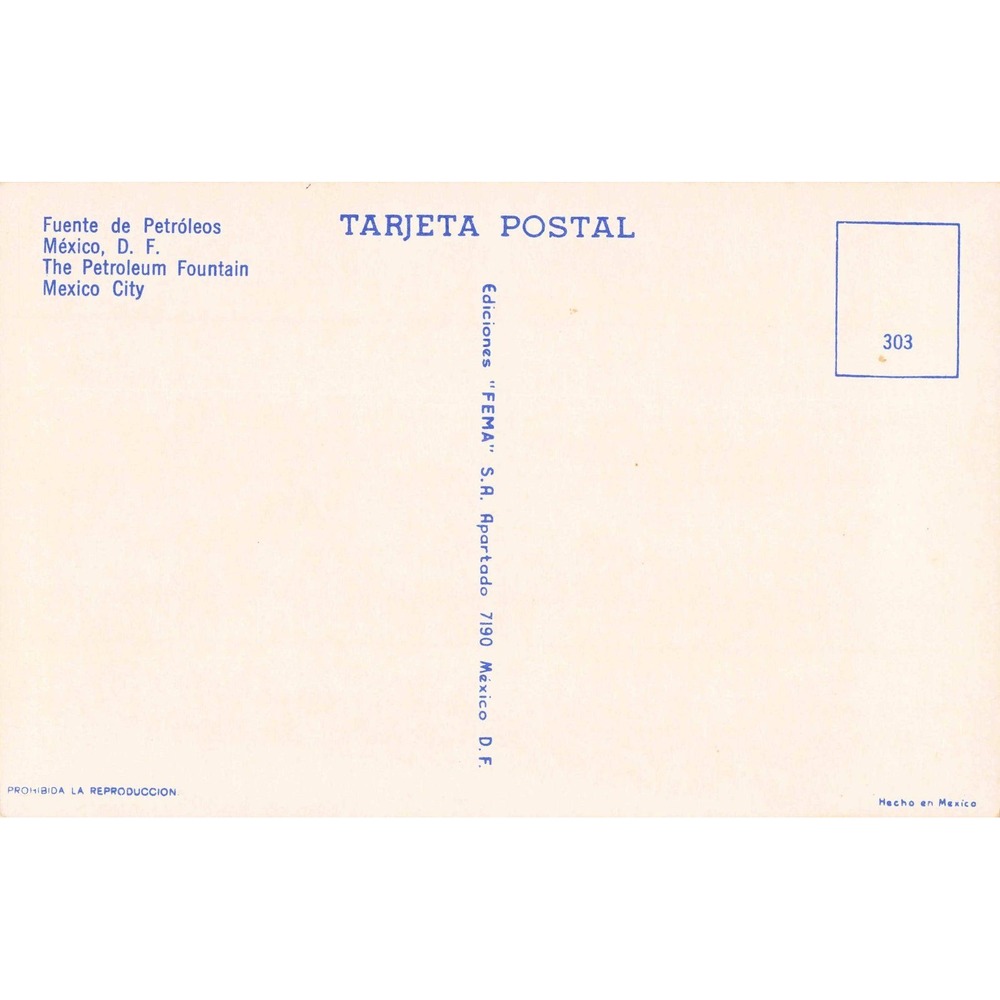 Vintage Mexico City Petroleum Fountain Postcard Fuente de Petroleos FEMA 303 - Picture 2 of 2